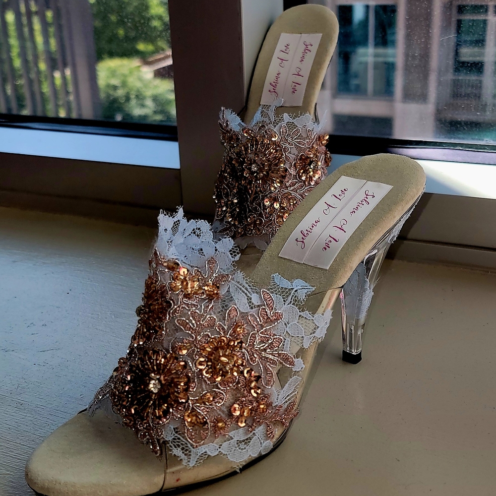 Custom Order "MAURA" Baby Blue & Rose Gold Beaded Lace Transparent Mule Heels